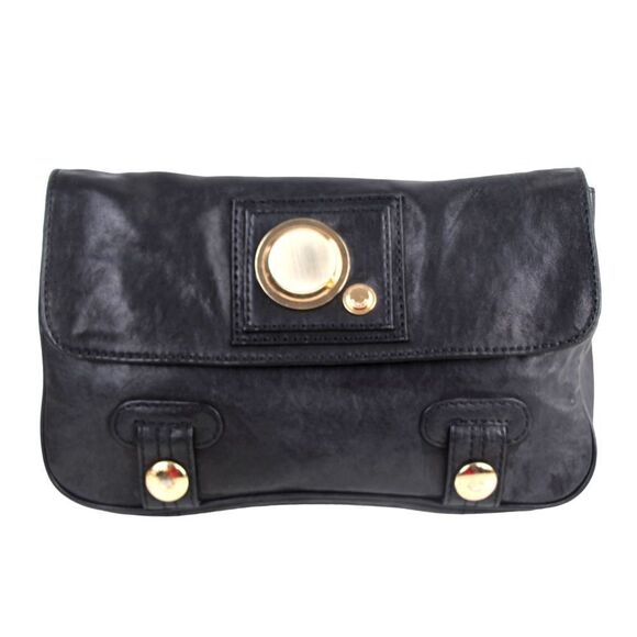 Gustto SOFT BLACK GENUINE LEATHER FLAP LOGO CLUTCH HANDBAG WALLET PURSE - Picture 1 of 16